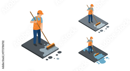 Isometric cleaner sweeping floor with broom and detergent