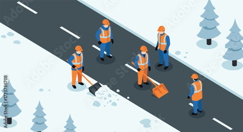 Road crew clearing snow on winter highway in isometric style