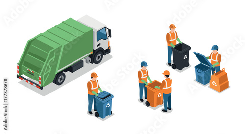 Isometric waste management scene with workers and garbage truck