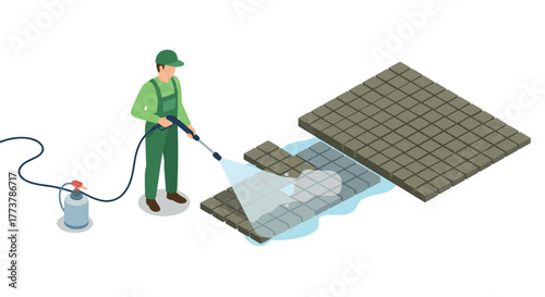 Isometric worker cleaning pavement with pressure washer