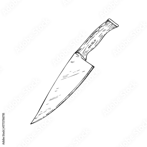 Vector knife. Graphic ink kitchen tool, Large sharp cleaver illustration, isolated on background. Hand drawn line sketch. For designers, prints, logo, icon, menu, postcards, holiday, covers