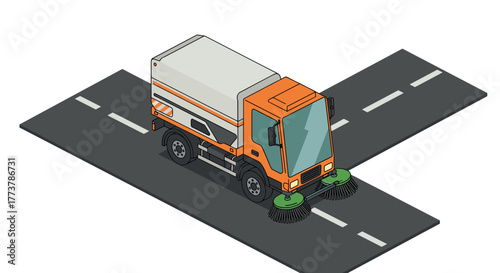 Isometric street sweeper truck on road intersection