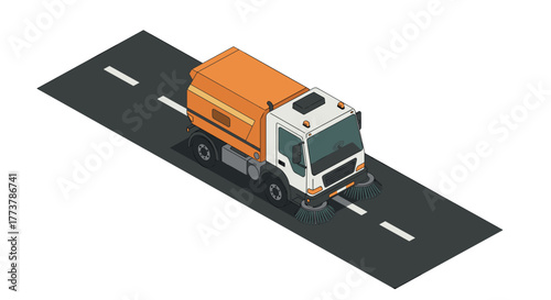 Isometric street cleaning truck on road