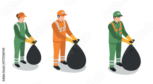 Isometric waste management workers in uniforms holding black bags on white background