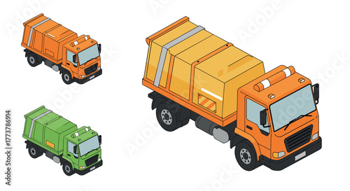 Isometric garbage truck collection with green and orange variants