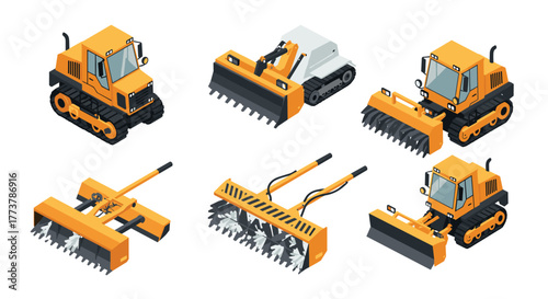 Isometric construction vehicles and equipment set with bulldozers and skid steer loaders