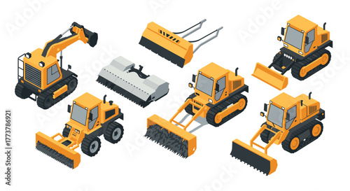 Isometric construction vehicles: diggers, loaders, and rollers in 3d design