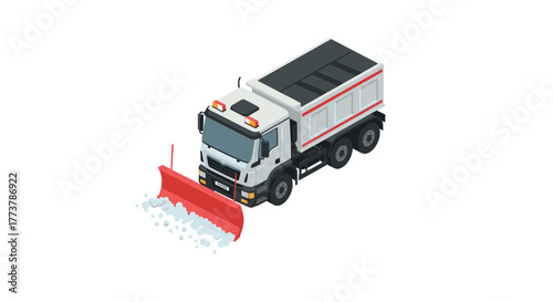 Isometric snow plow truck removing snow with red blade on white background