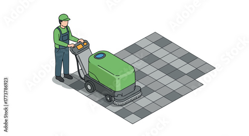 Isometric worker operating floor cleaning machine in green uniform on tiled surface
