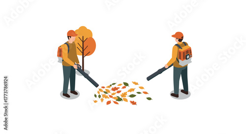 Isometric gardeners clearing autumn leaves with leaf blowers