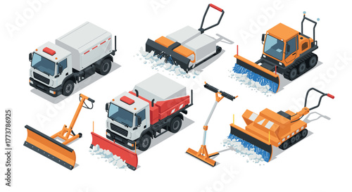 Isometric winter snow removal vehicles and equipment set for urban maintenance