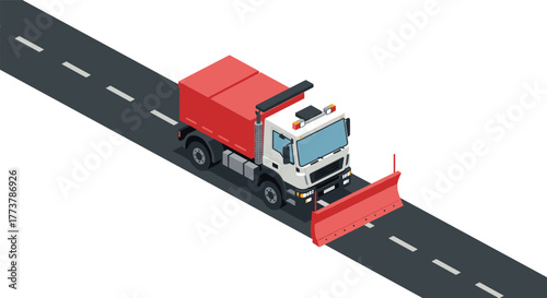 Isometric snow plow truck on highway illustration