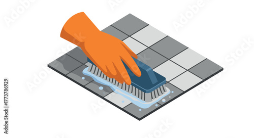 Isometric cleaning scene with gloved hand scrubbing tiled surface