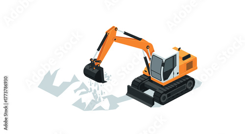 Isometric excavator on construction site with rocks and soil
