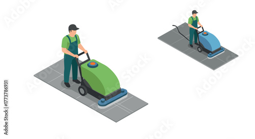 Isometric floor cleaning machine operator in action for hygiene maintenance