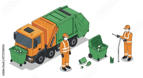 Garbage collection scene with workers and truck in isometric style