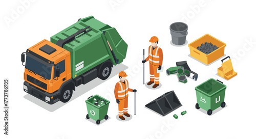 Isometric waste management workers and equipment set with recycling truck and tools