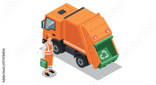 Isometric garbage truck with worker in safety uniform and recycling symbols