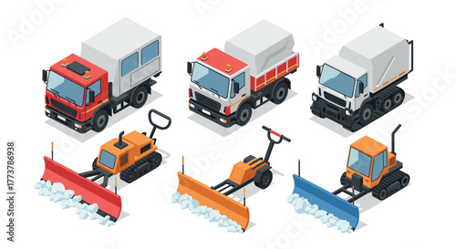 Winter utility vehicles set with snowplows and trucks in isometric design