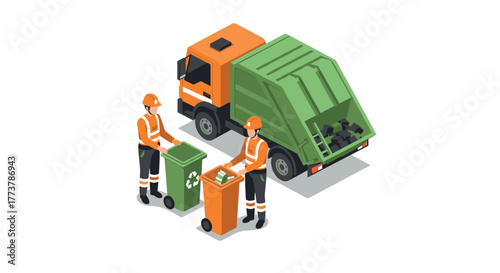 Isometric recycling truck with workers managing waste disposal