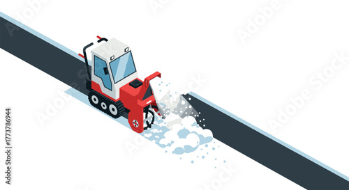 Snow plow machine in isometric design clearing urban road