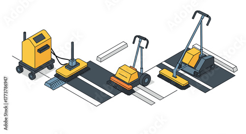Isometric industrial floor cleaning equipment with yellow machines and brushes in a modern setting