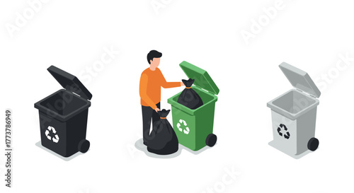 Isometric recycling bins and man disposing trash in eco-friendly scene