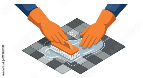 Isometric cleaning concept with gloved hands scrubbing tile floor