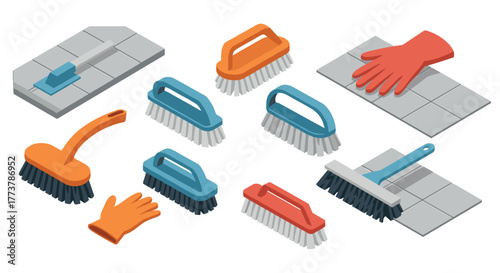 Isometric cleaning tools collection with brushes and gloves on tiles