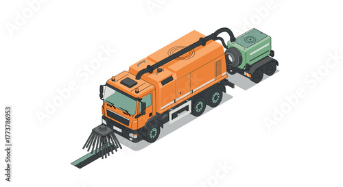 Isometric street cleaning truck with attached machine on white background