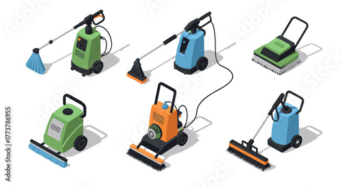 Isometric cleaning equipment set: pressure washers and floor scrubbers