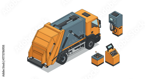 Isometric garbage truck with control stations displaying detailed recycling and waste management design