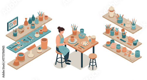 Creative pottery workshop with tools and art supplies in isometric style