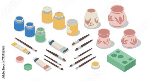 Colorful isometric art supplies featuring paintbrushes, paint tubes, jars, and decorative vases