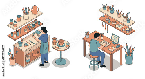 Creative home studio: art and craft in cozy isometric workspace
