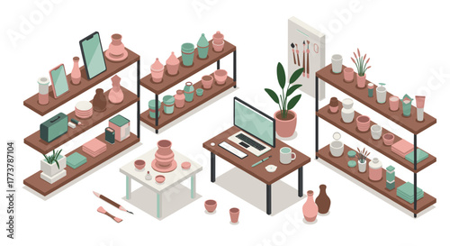 Isometric home pottery studio with laptop and shelves filled with ceramics and plants