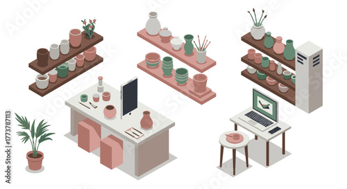Modern ceramic studio with isometric shelves and pottery in minimalist workspace