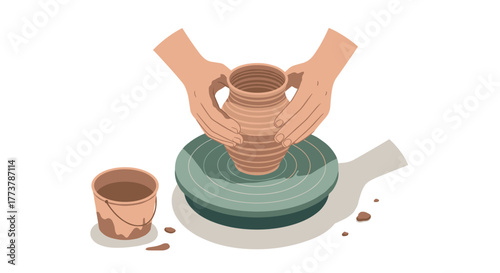 Pottery creation process with clay on spinning wheel
