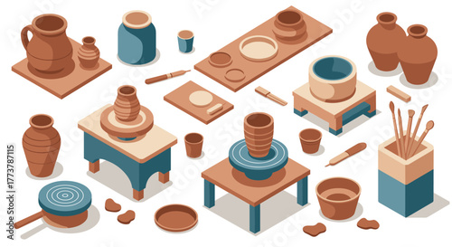 Isometric pottery workshop: clay vessels and tools in a creative studio setting