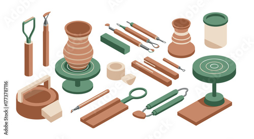 Isometric pottery tools set with clay sculptures on white background
