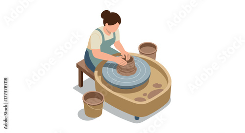 Isometric pottery artwork: woman crafting ceramic vase on wheel