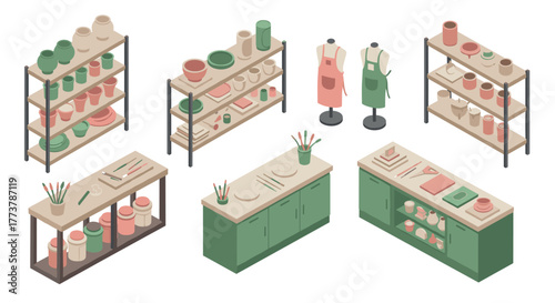 Isometric pottery studio: shelves and tools for creative crafting