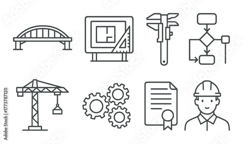 Engineering concepts: construction tools and design illustrations.