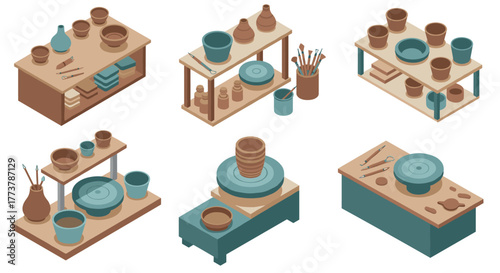 Ceramic studio tools and pottery wheels in isometric design