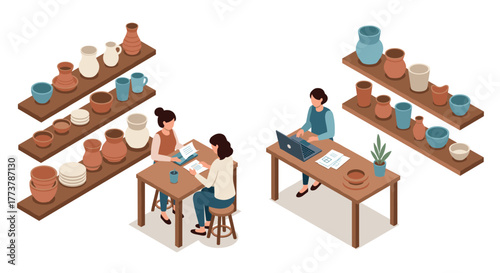 Pottery workshop and business meeting in isometric style with decor and shelves