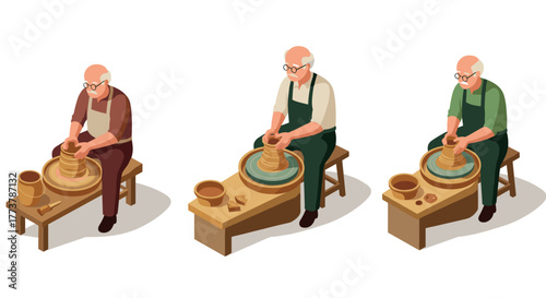 Elderly potters crafting clay items on pottery wheels in isometric style