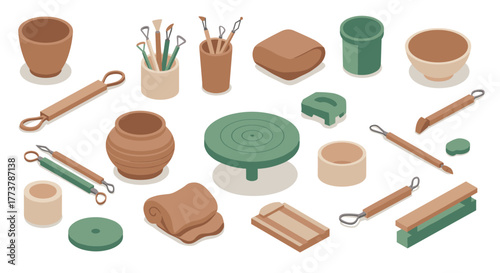 Isometric pottery tools and materials with earthy and green tones on white background