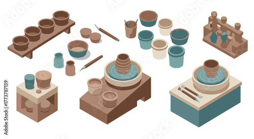 Isometric pottery studio setup with tools and clay equipment