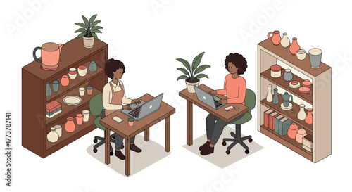 Isometric office scene with two people working on laptops amidst decorative pottery