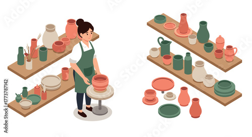 Isometric pottery studio scene: woman crafting ceramics with decorated shelves